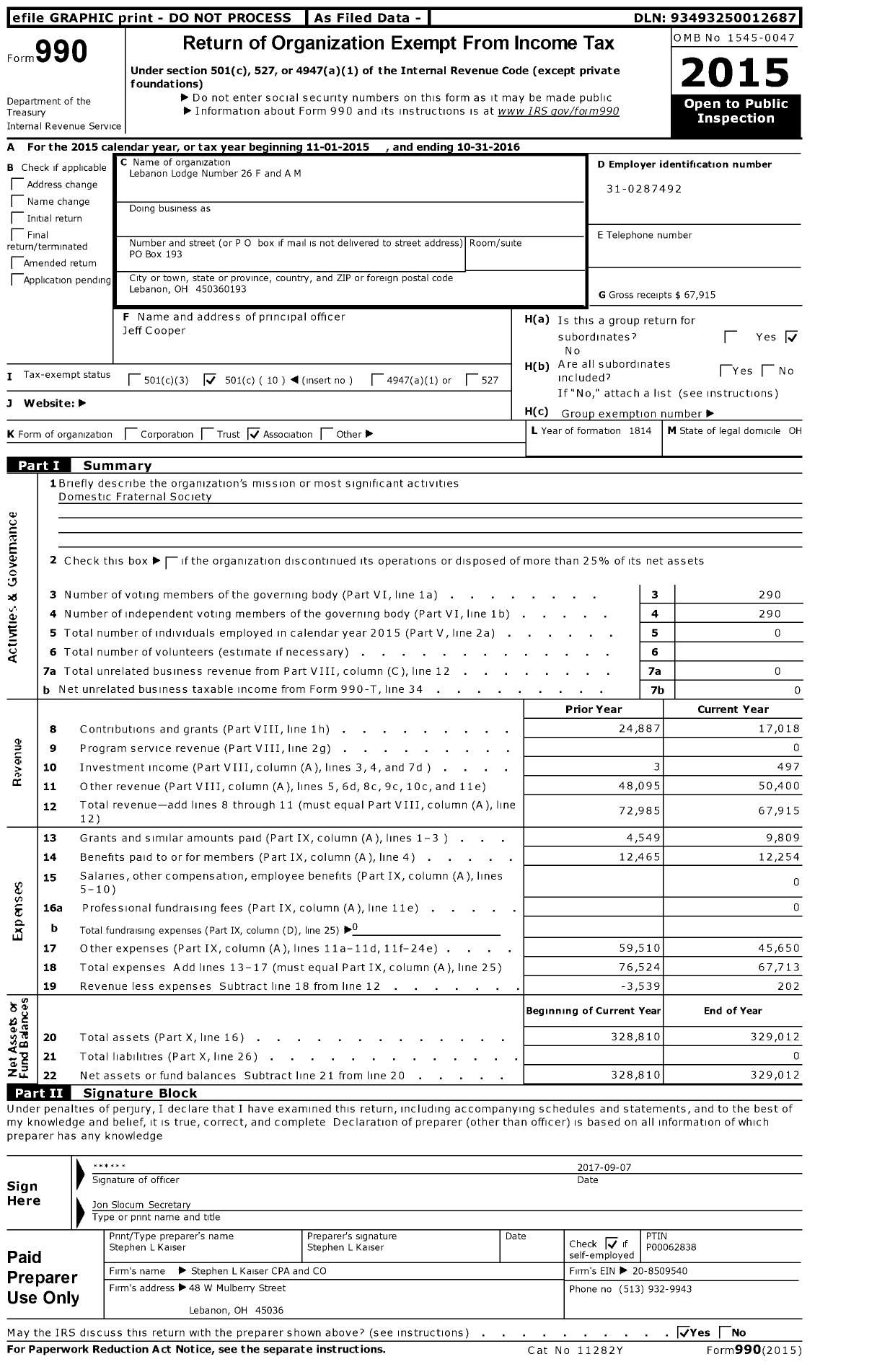 Image of first page of 2015 Form 990O for Free & Accepted Masons of Ohio - 26 Lebanon Lodge