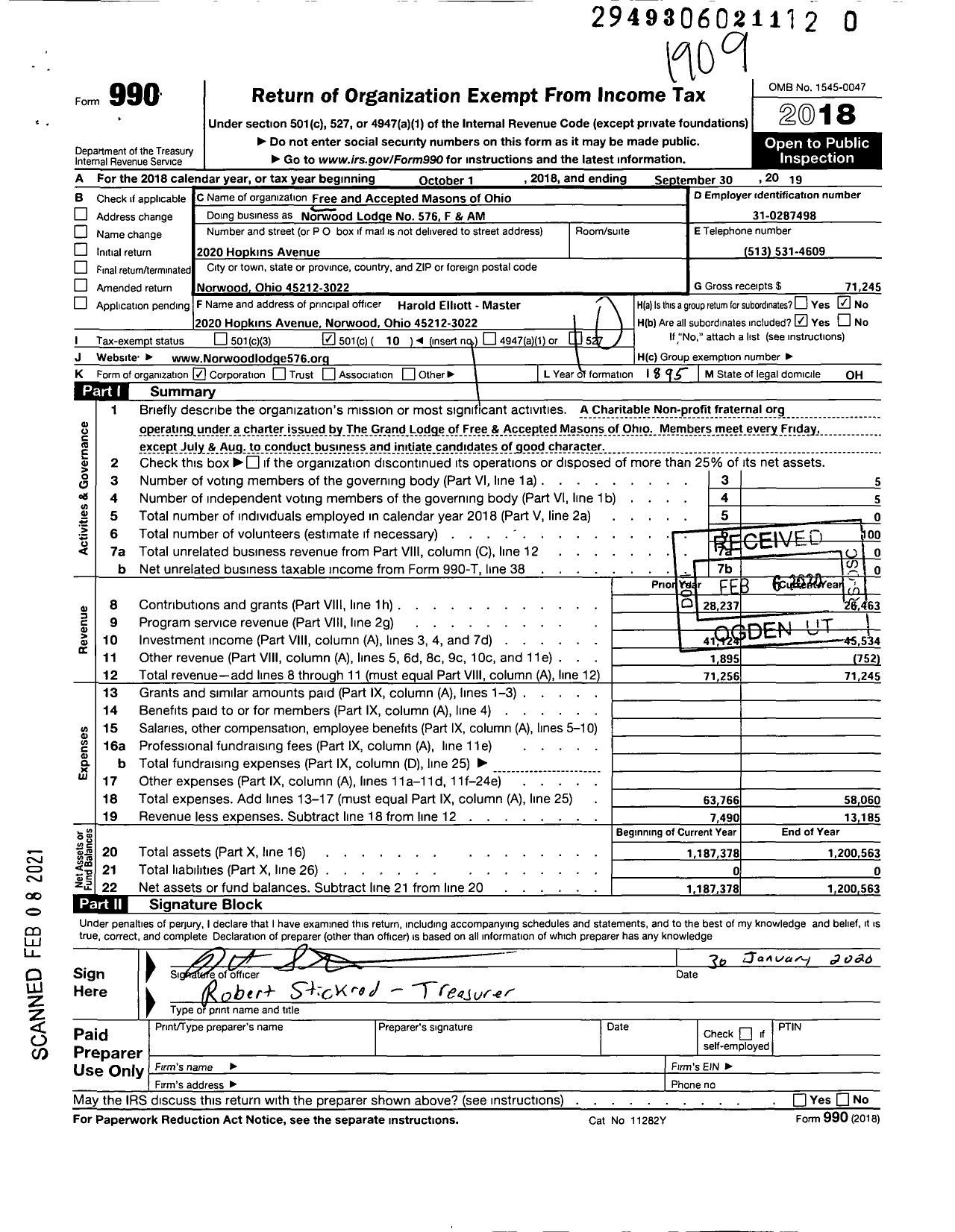 Image of first page of 2018 Form 990O for Free & Accepted Masons of Ohio - Norwood Lodge #576 F&AM