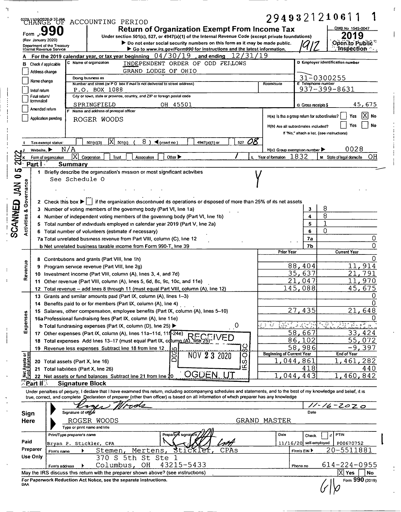 Image of first page of 2019 Form 990O for Independent Order of Odd Fellows - 1 Ohio Grand Lodge