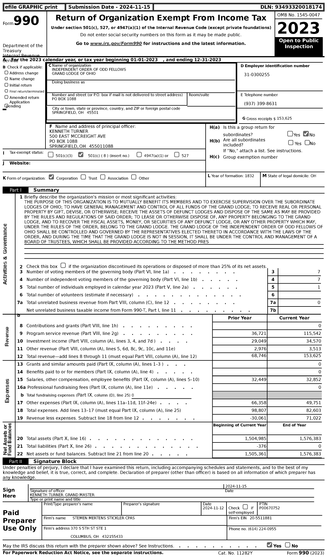 Image of first page of 2023 Form 990 for Independent Order of Odd Fellows - 1 Ohio Grand Lodge