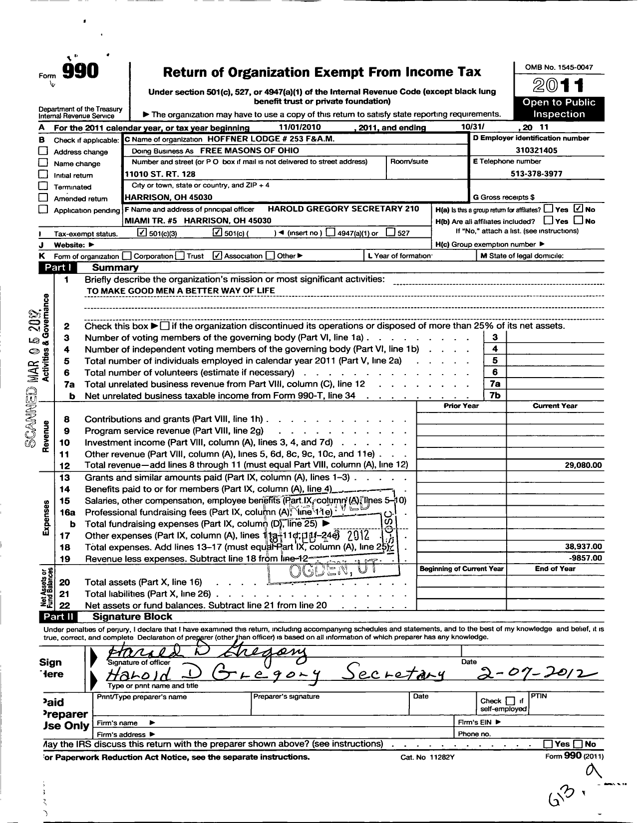 Image of first page of 2010 Form 990 for Free & Accepted Masons of Ohio - Free Masons of Ohio