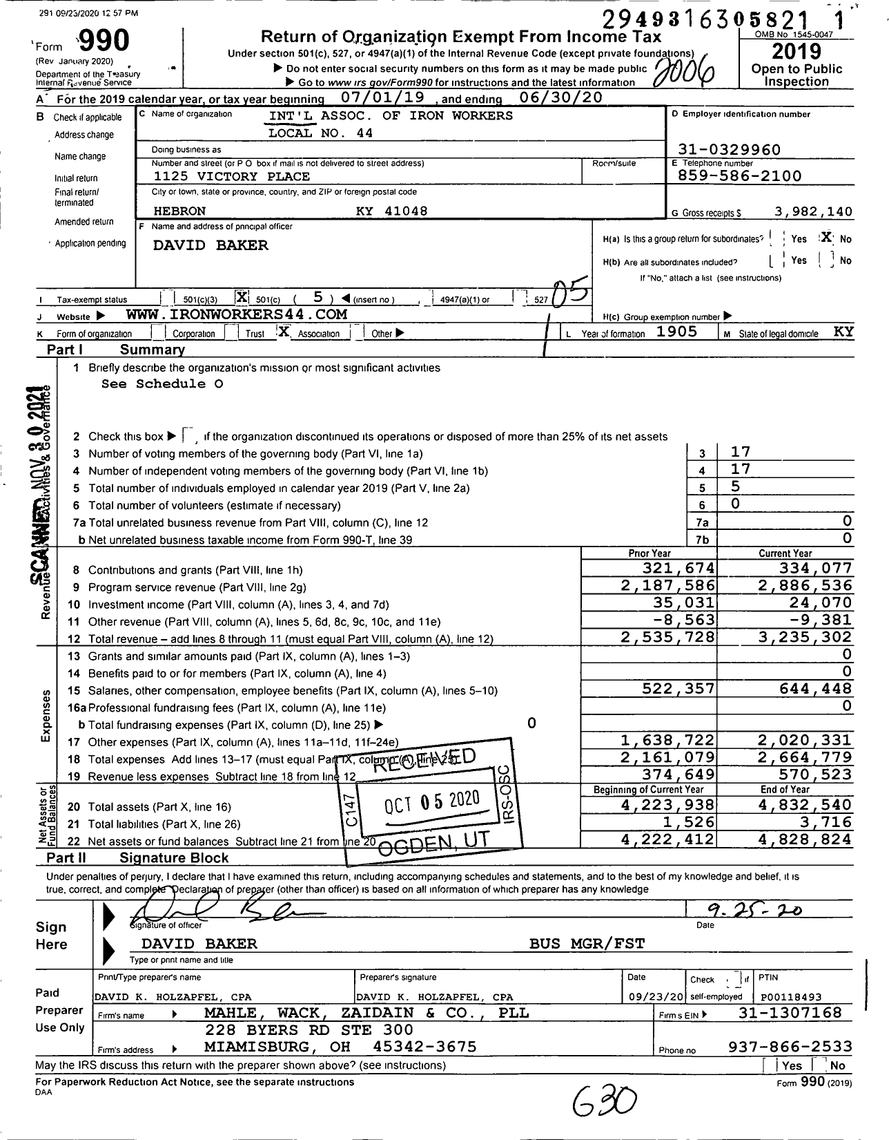 Image of first page of 2019 Form 990O for International Association of Iron Workers Local No 44