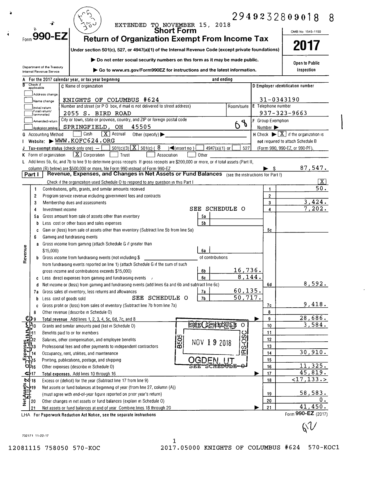 Image of first page of 2017 Form 990EO for Knights of Columbus - 624 Springfield Council