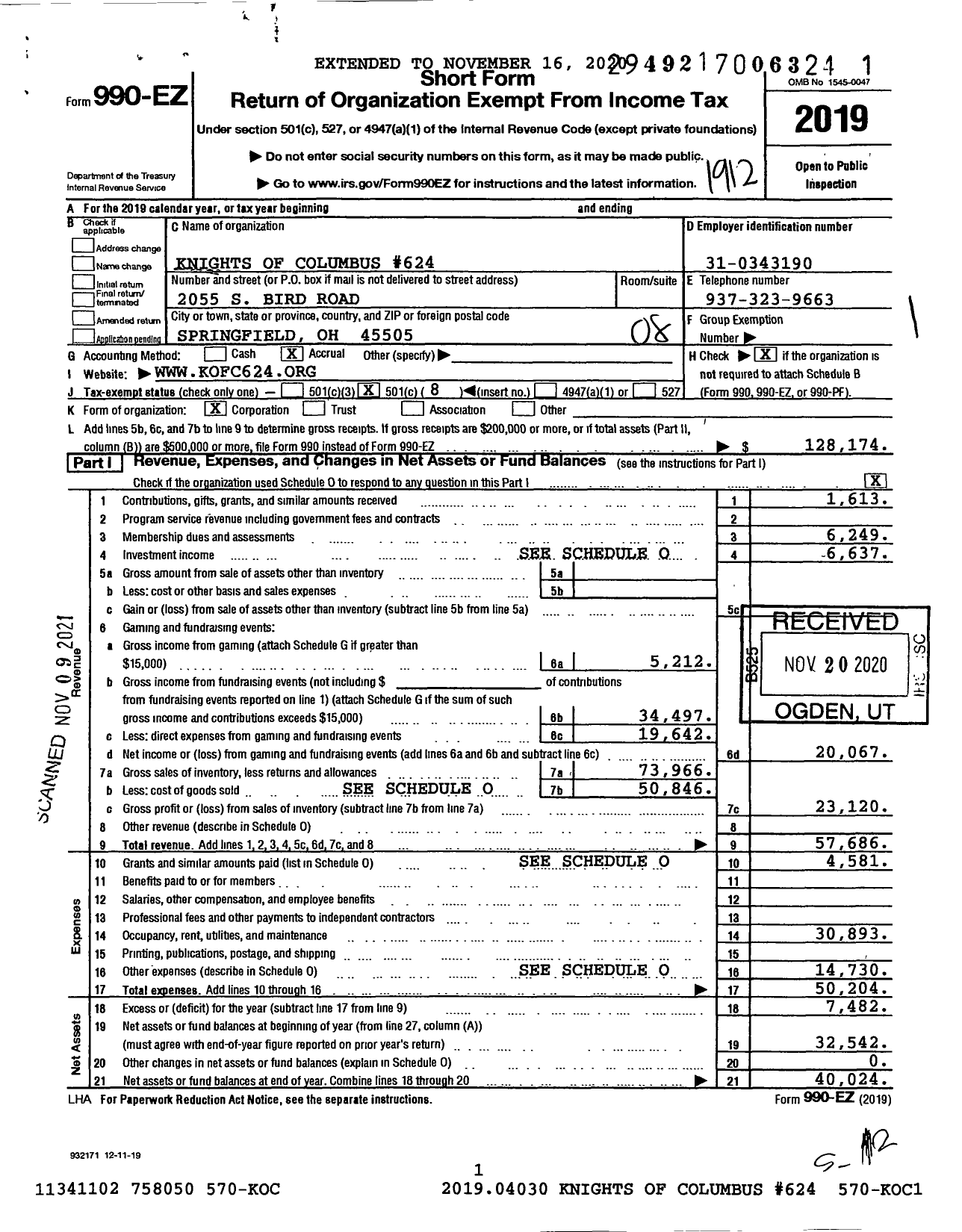 Image of first page of 2019 Form 990EO for Knights of Columbus - 624 Springfield Council