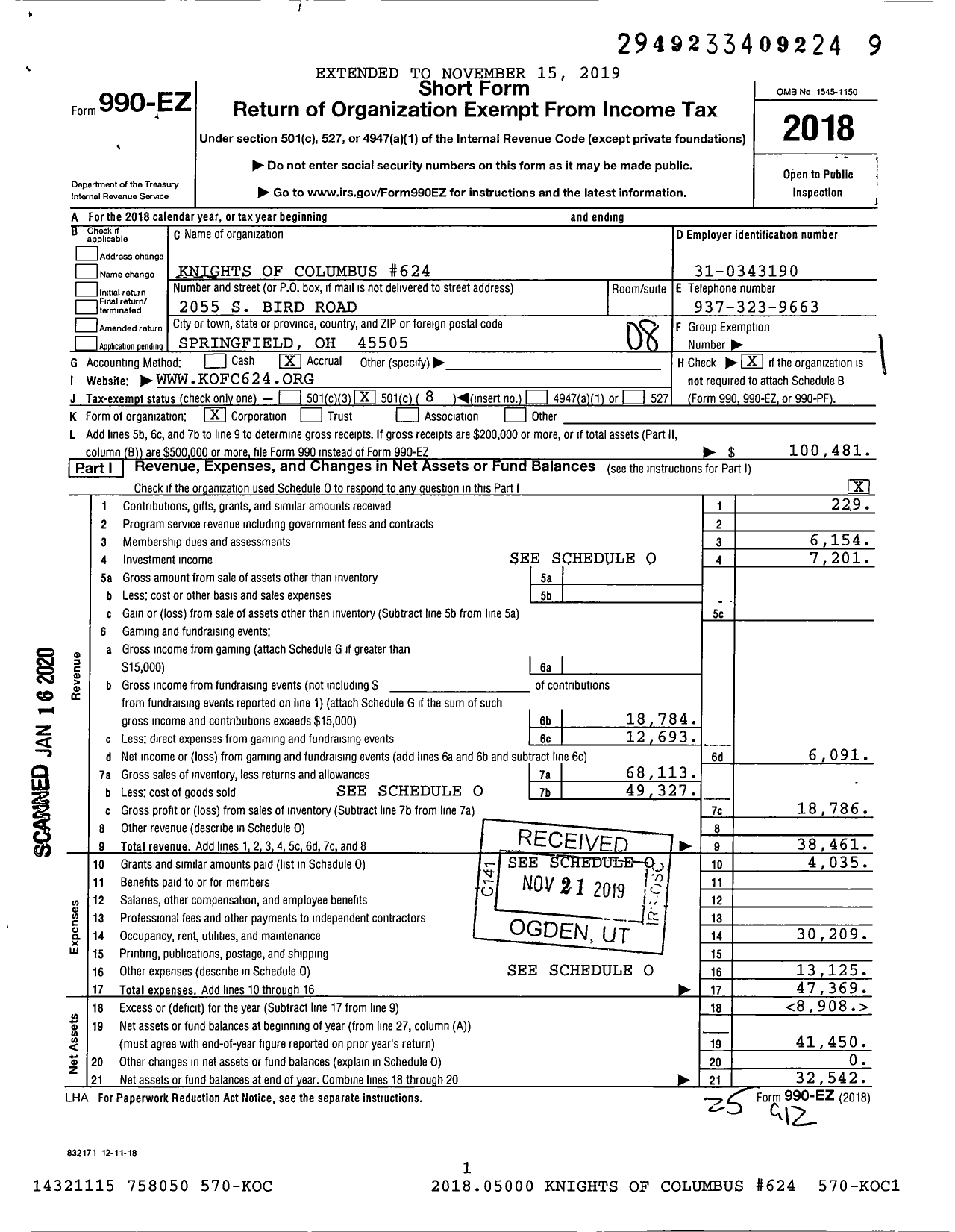 Image of first page of 2018 Form 990EO for Knights of Columbus - 624 Springfield Council