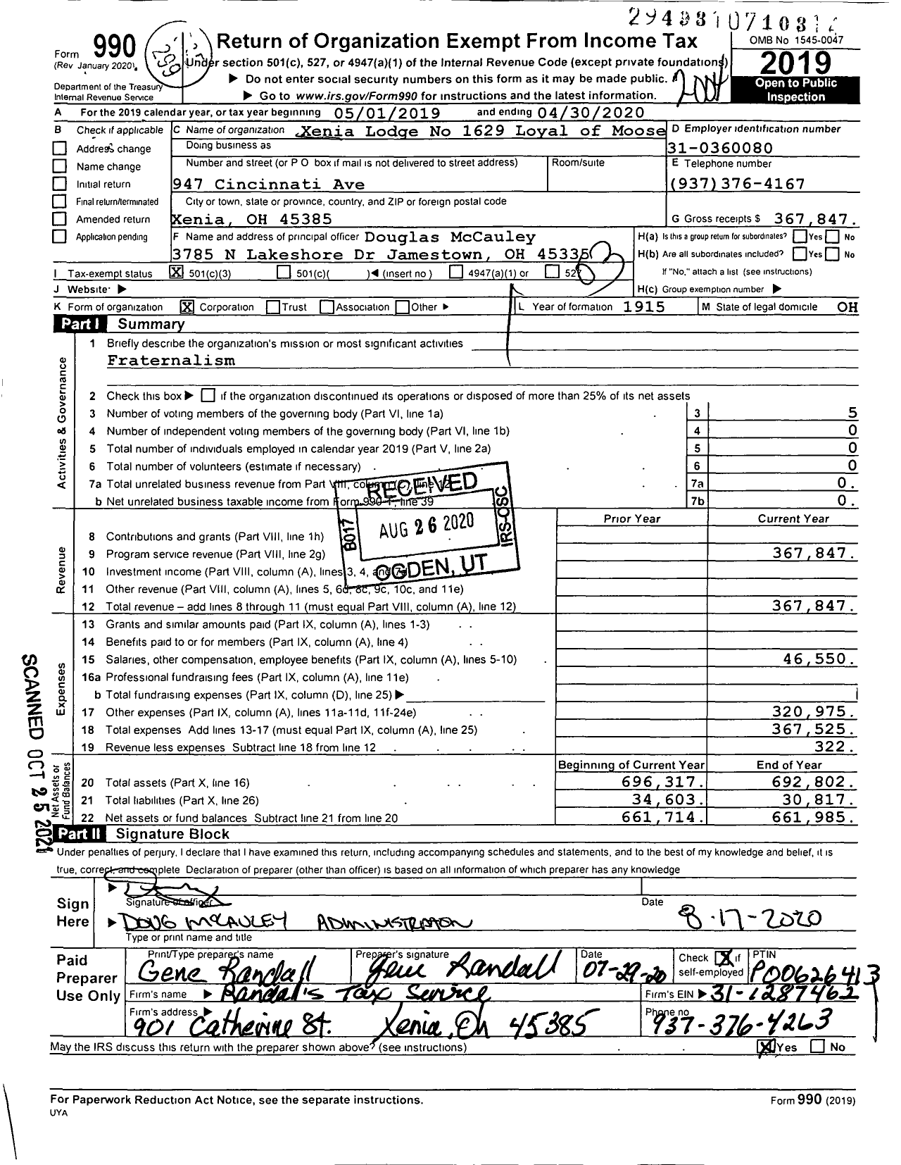 Image of first page of 2019 Form 990 for Loyal Order of Moose - 1629