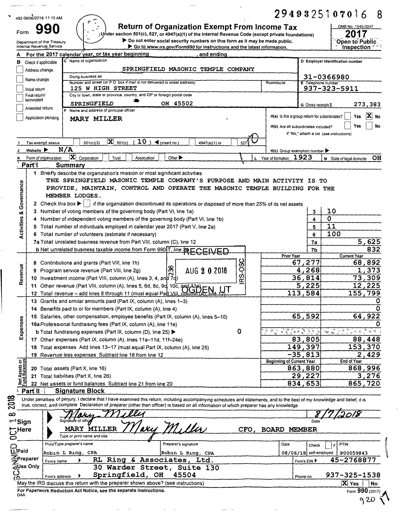 Image of first page of 2017 Form 990O for Springfield Masonic Temple Company