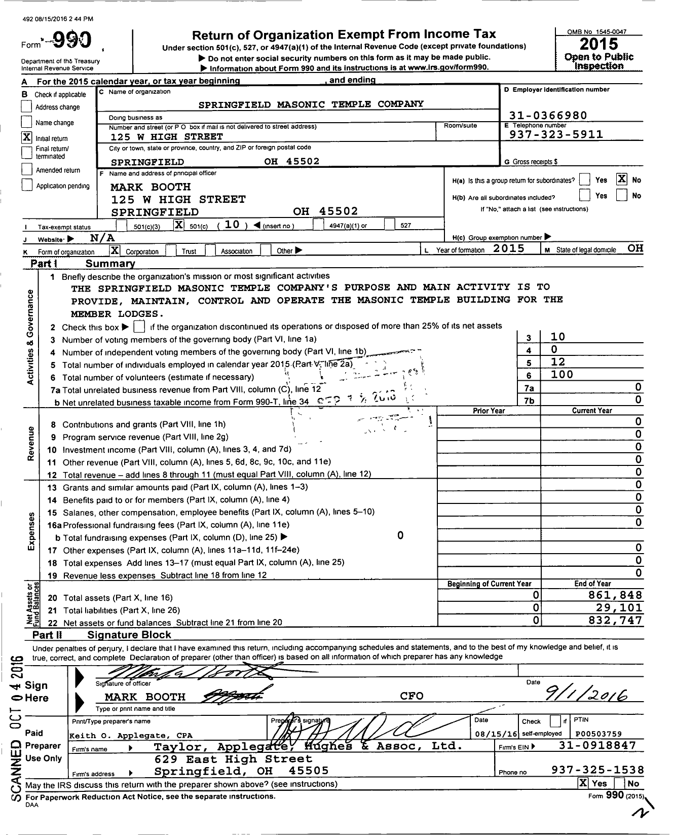 Image of first page of 2015 Form 990O for Springfield Masonic Temple Company
