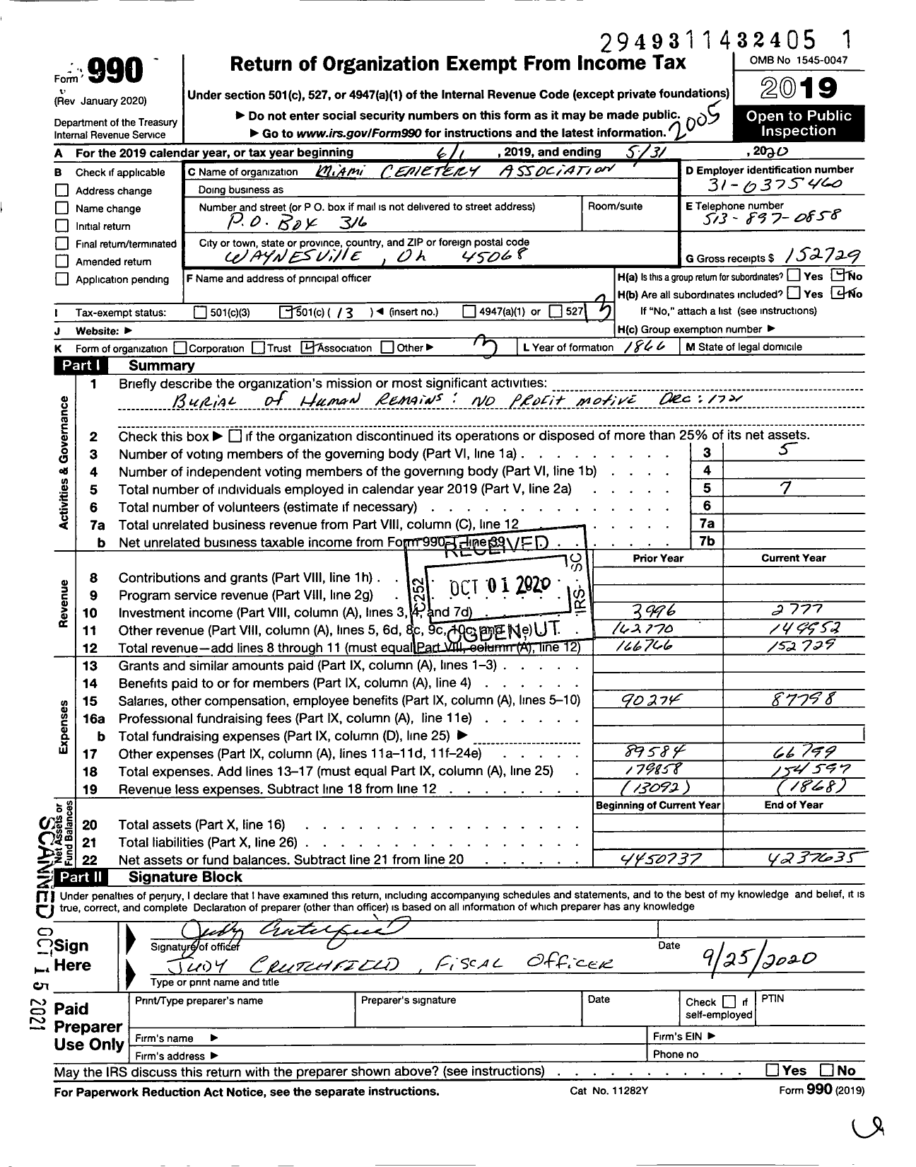 Image of first page of 2019 Form 990O for Miami Cemetery Association