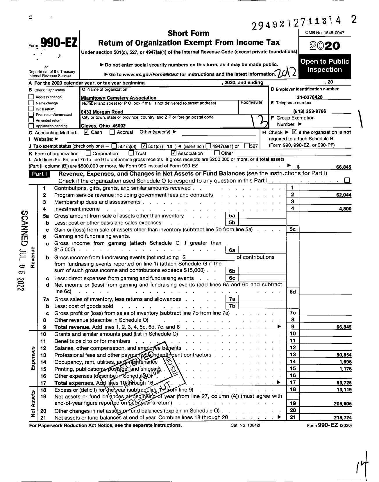 Image of first page of 2020 Form 990EO for Miamitown Cemetery Association