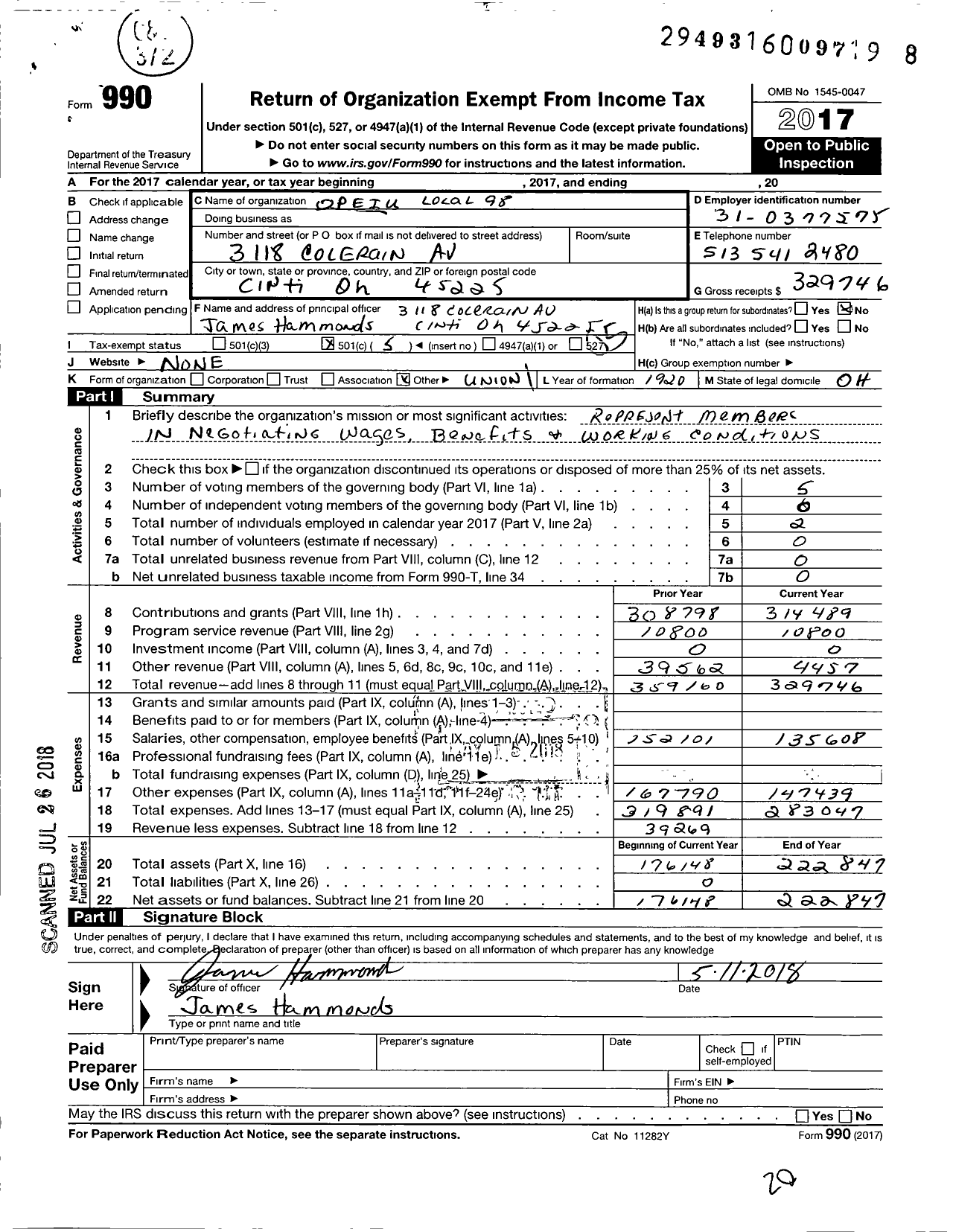 Image of first page of 2017 Form 990O for Office and Professional Employees International Union - Local 98 Opeiu