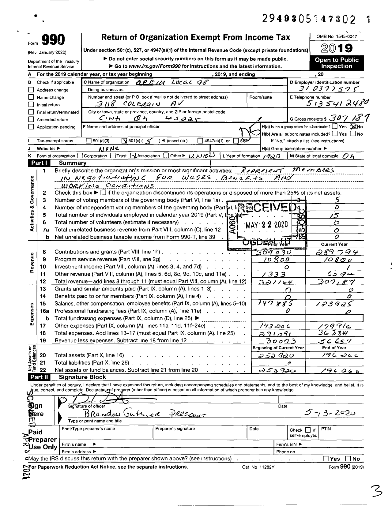 Image of first page of 2019 Form 990O for Office and Professional Employees International Union - Local 98 Opeiu