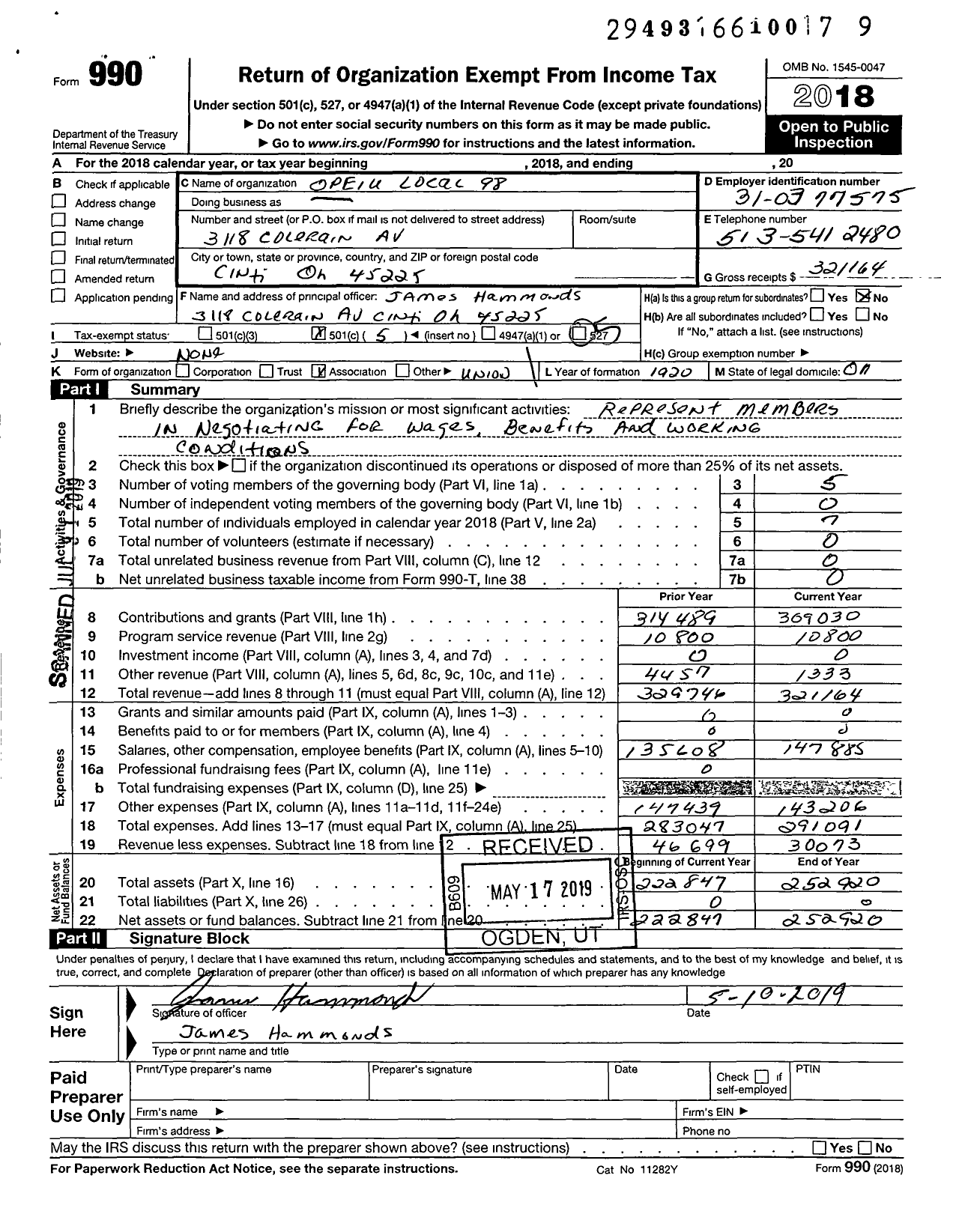 Image of first page of 2018 Form 990O for Office and Professional Employees International Union - Local 98 Opeiu