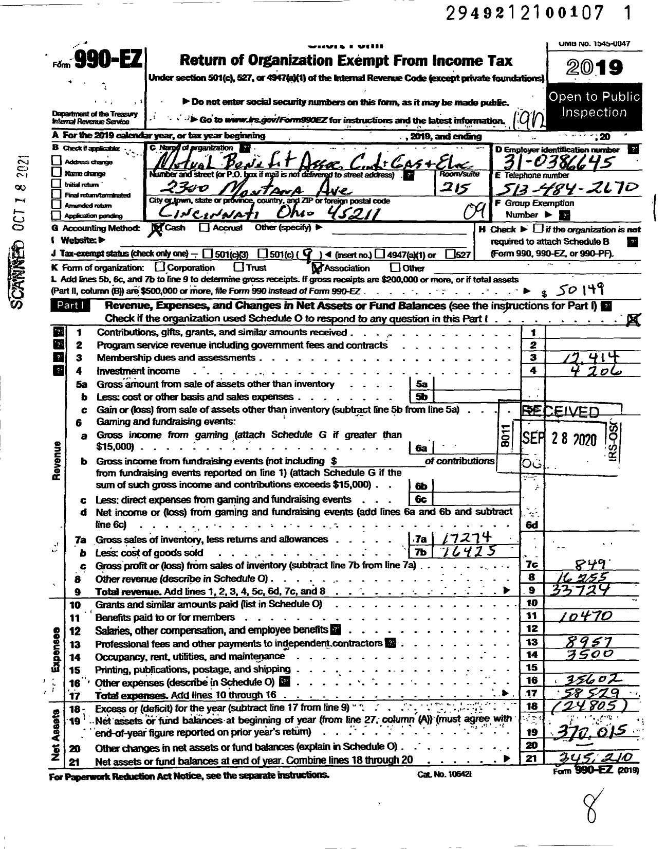 Image of first page of 2019 Form 990EO for Mutual Benefit Association