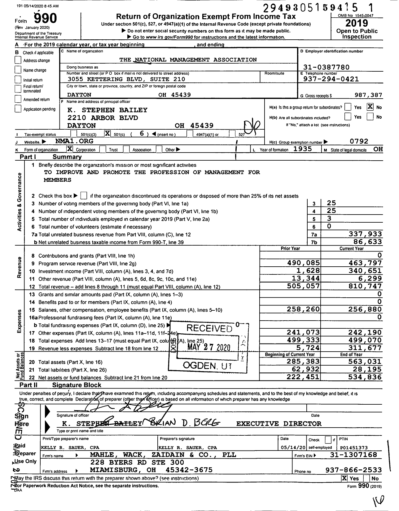 Image of first page of 2019 Form 990O for The National Management Association