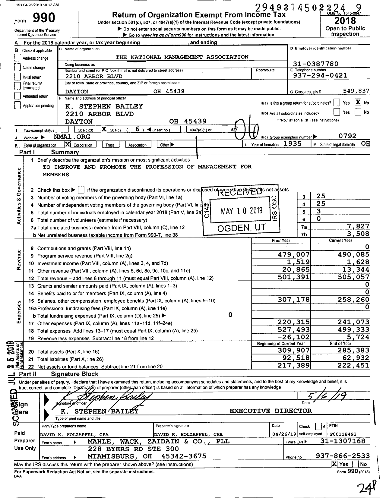 Image of first page of 2018 Form 990O for The National Management Association