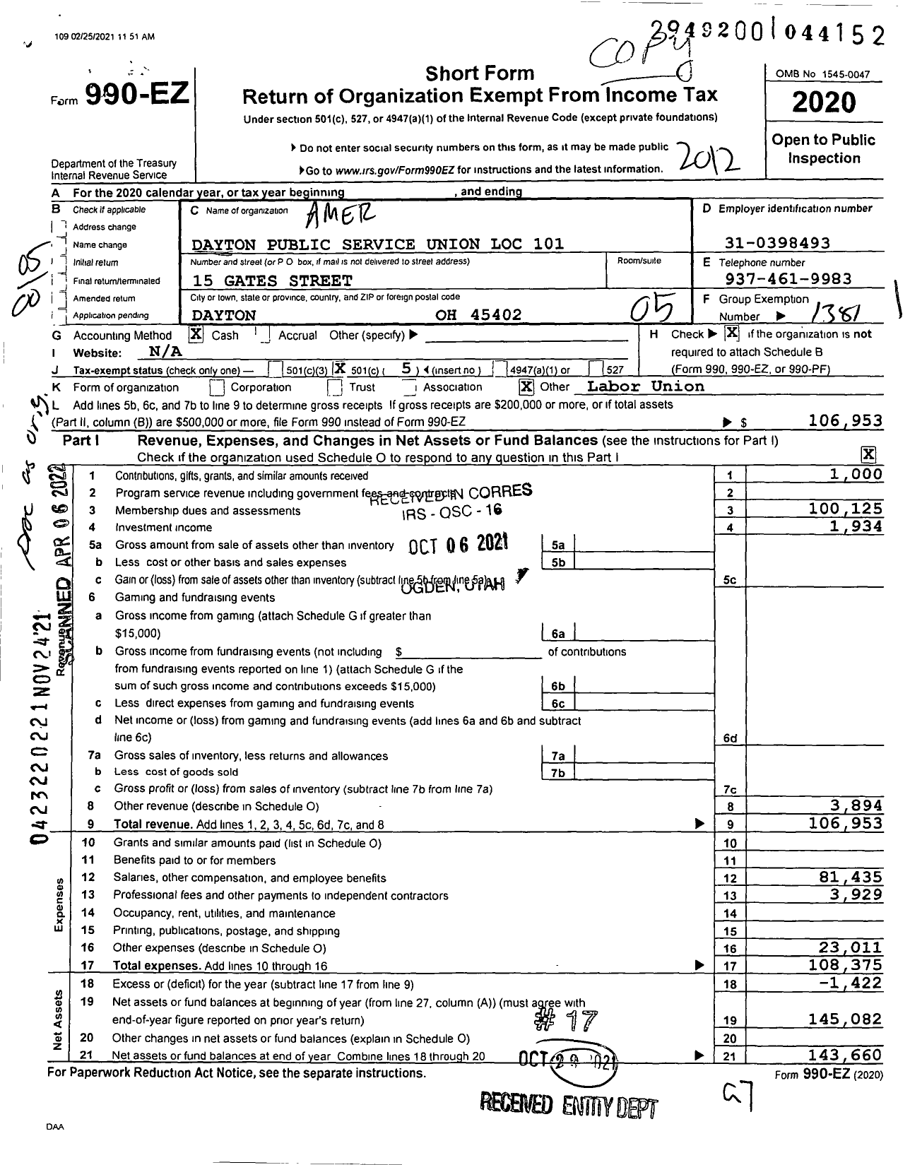 Image of first page of 2020 Form 990EO for American Federation of State County & Municipal Employees - L0101oh Dayton Public Service Union