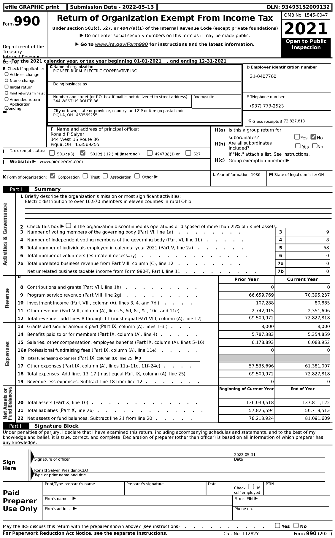 Image of first page of 2021 Form 990 for Pioneer Rural Electric Cooperative