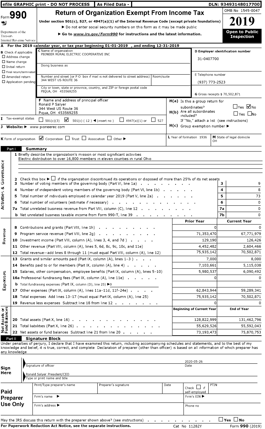 Image of first page of 2019 Form 990O for Pioneer Rural Electric Cooperative