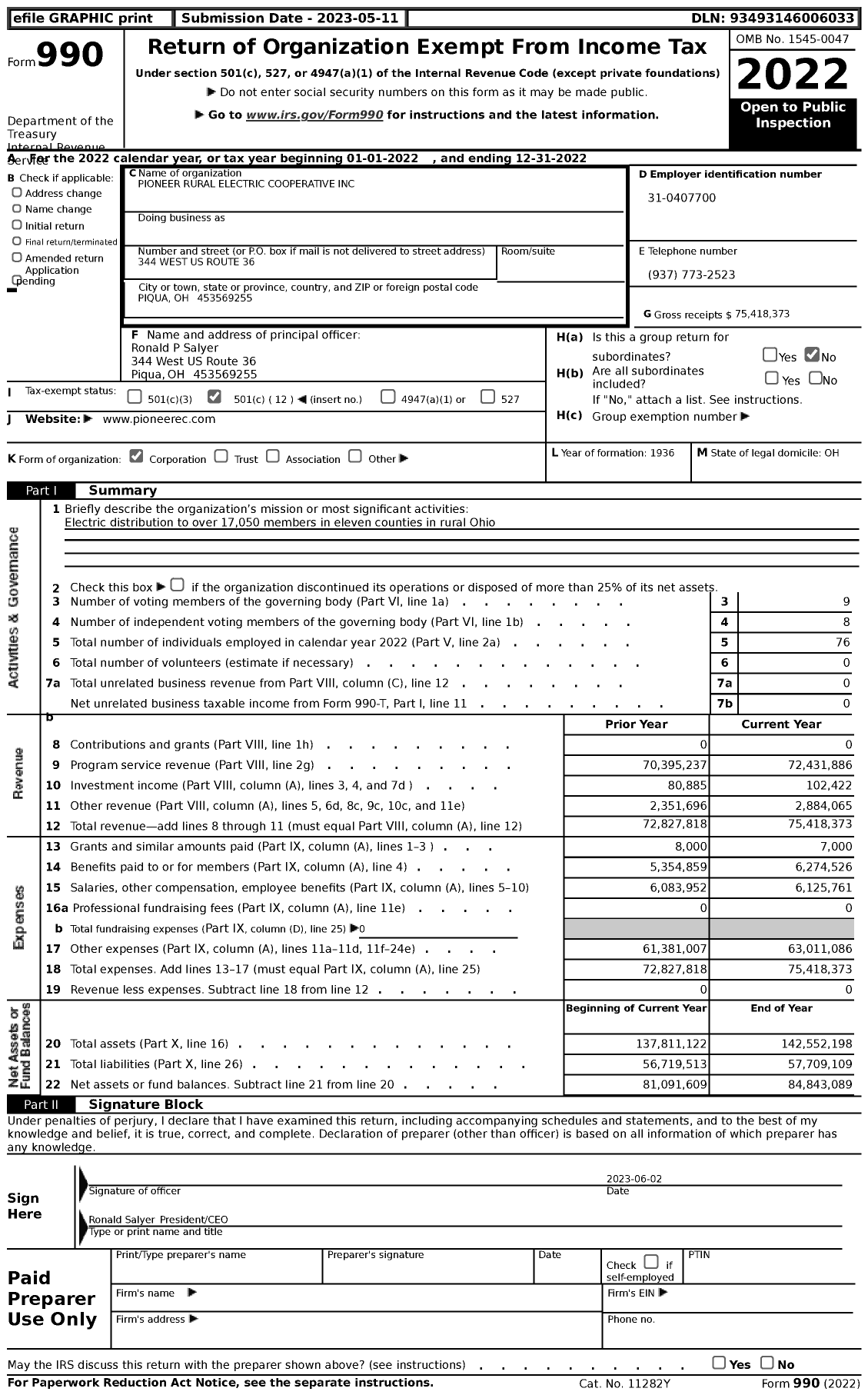 Image of first page of 2022 Form 990 for Pioneer Rural Electric Cooperative