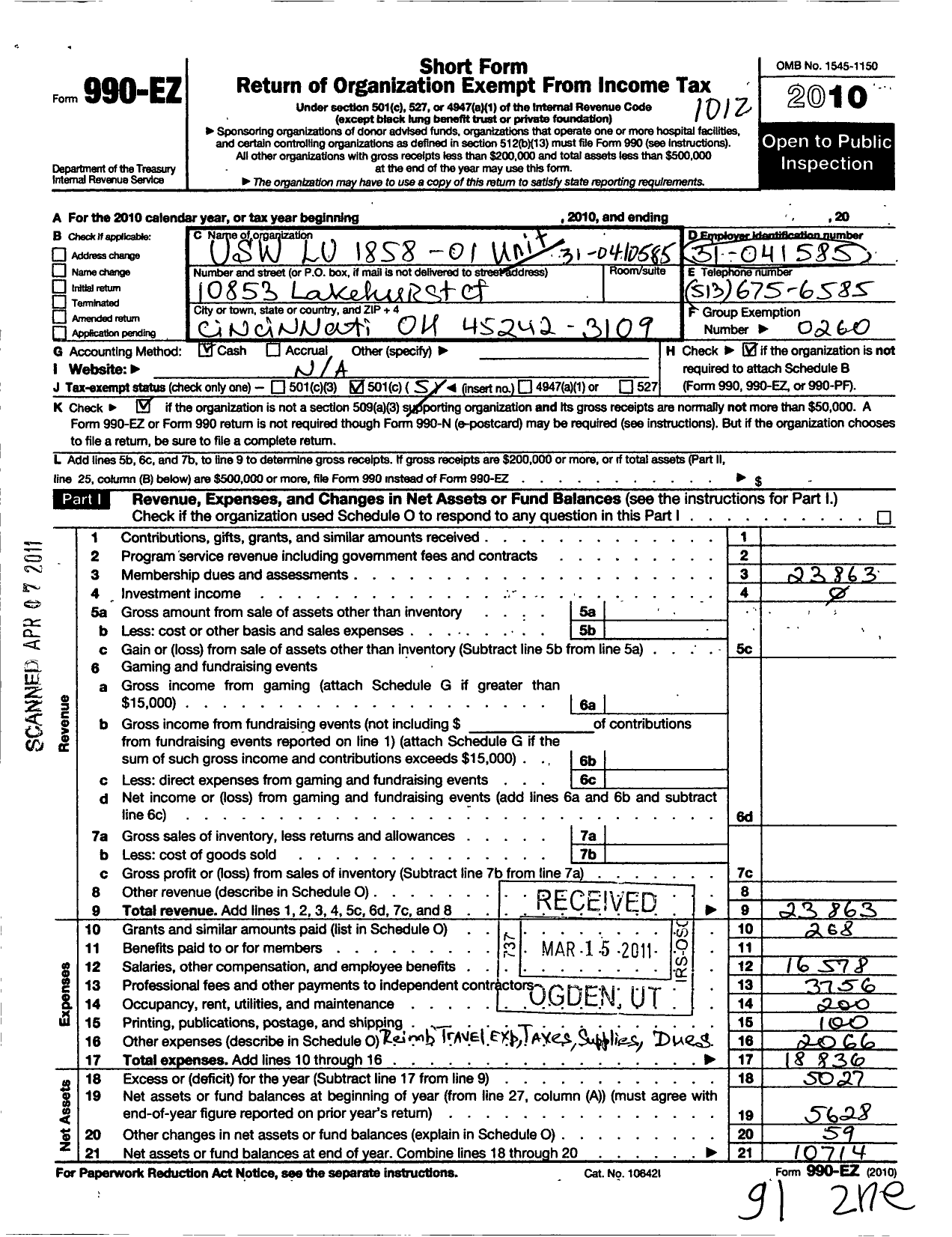 Image of first page of 2010 Form 990EO for United Steelworkers - 1858 Local District 1