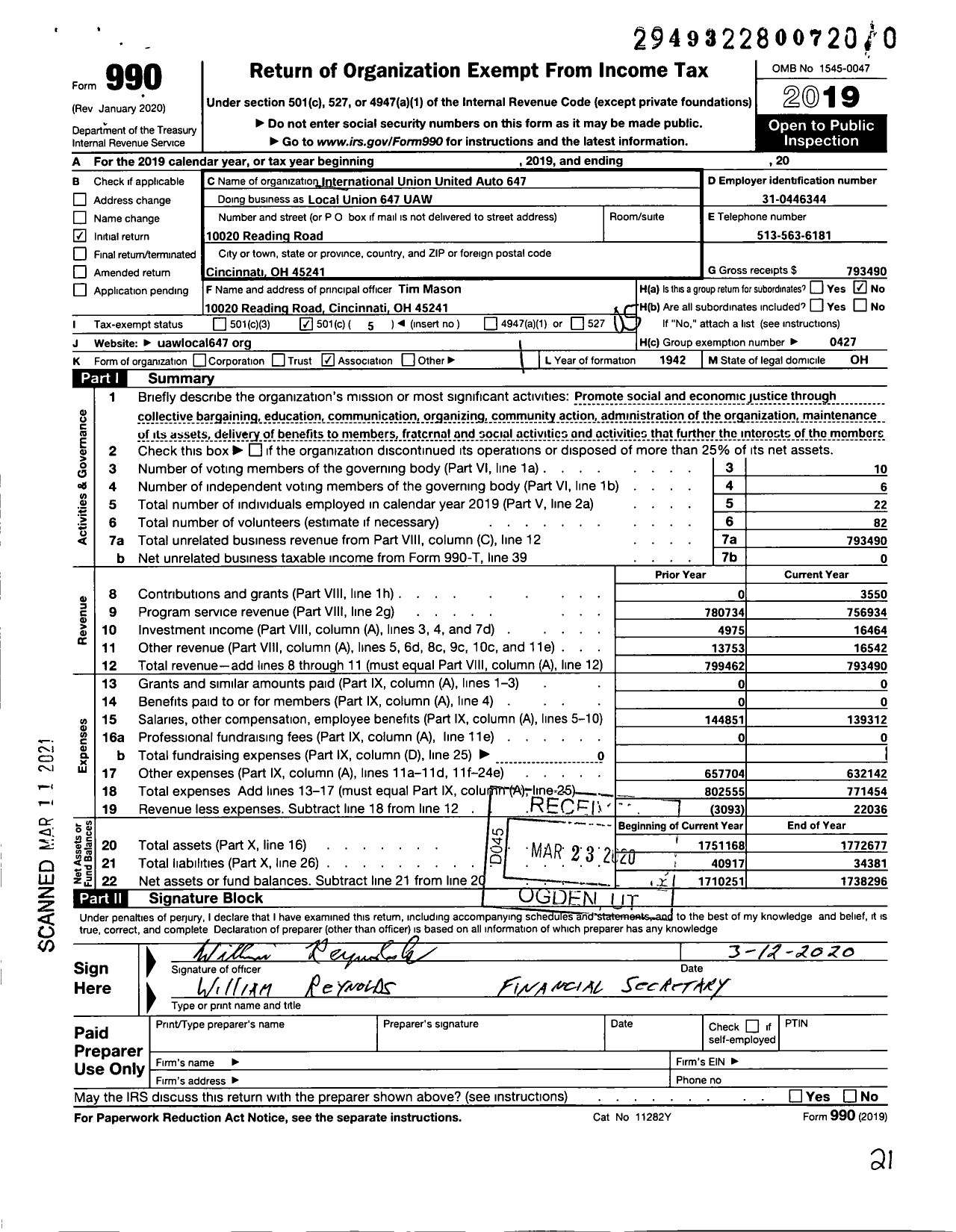 Image of first page of 2019 Form 990O for UAW - Local Union 647 UAW