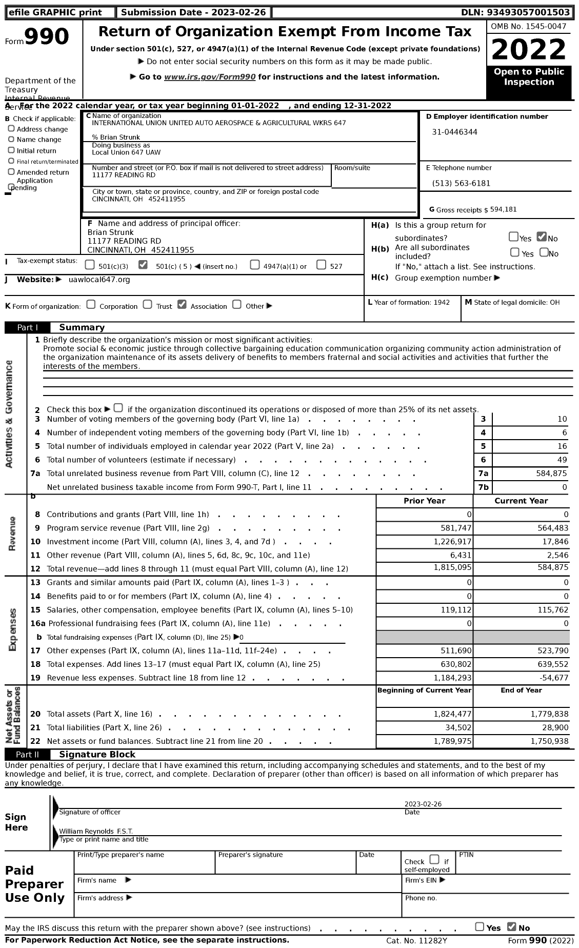 Image of first page of 2022 Form 990 for UAW - Local Union 647 UAW