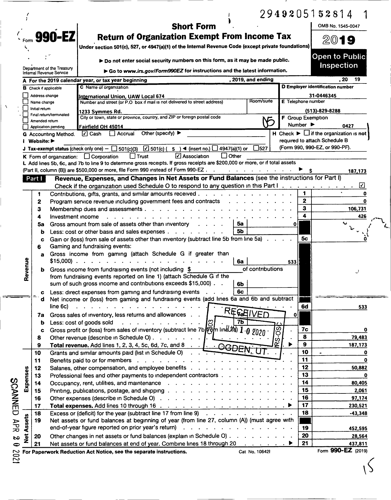 Image of first page of 2019 Form 990EO for UAW - International Union UAW Local 674