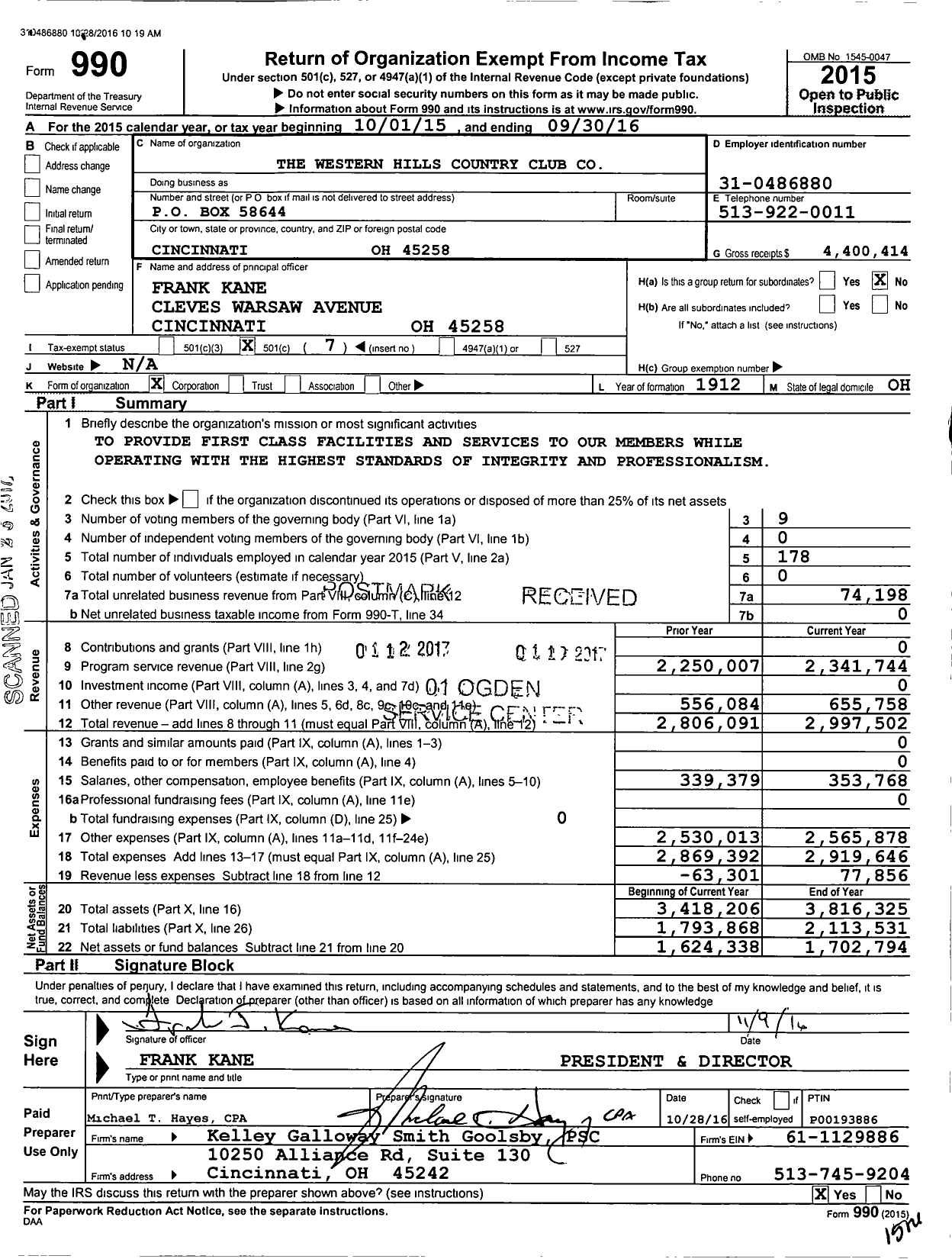 Image of first page of 2015 Form 990O for The Western Hills Country Club