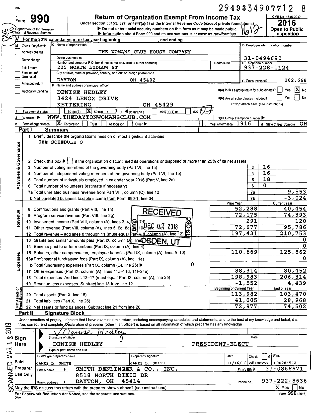 Image of first page of 2016 Form 990O for The Womans Club House