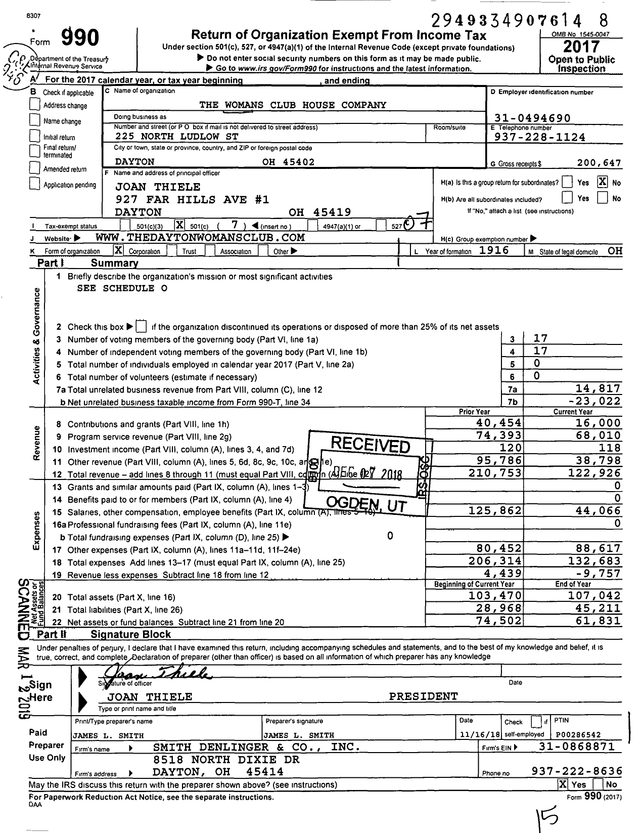 Image of first page of 2017 Form 990O for The Womans Club House