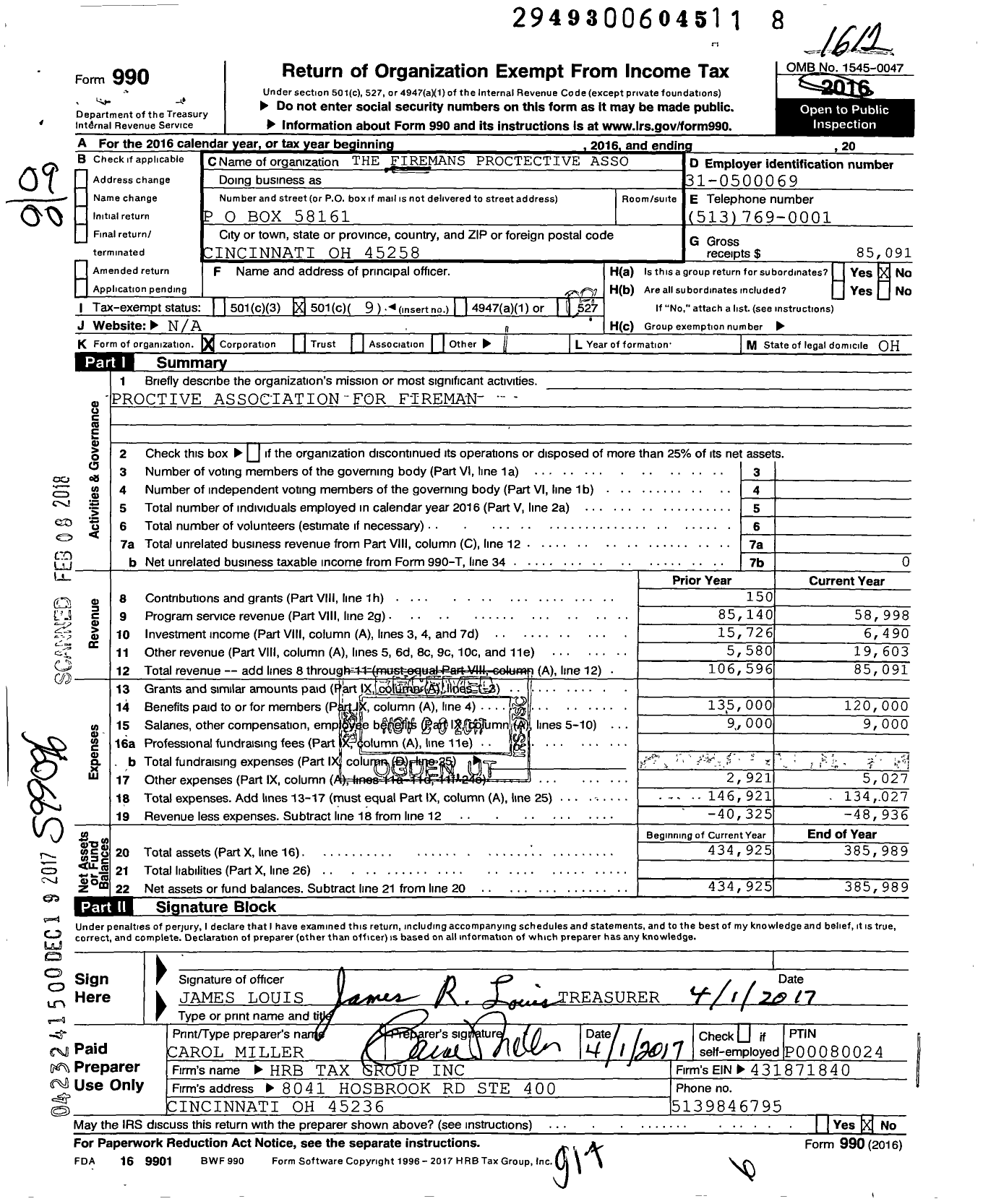 Image of first page of 2016 Form 990O for Firemans Proctective Asso