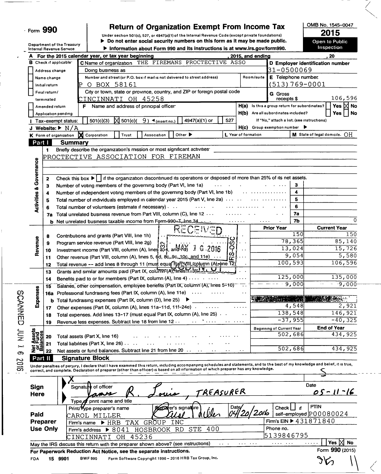 Image of first page of 2015 Form 990O for Firemans Proctective Asso