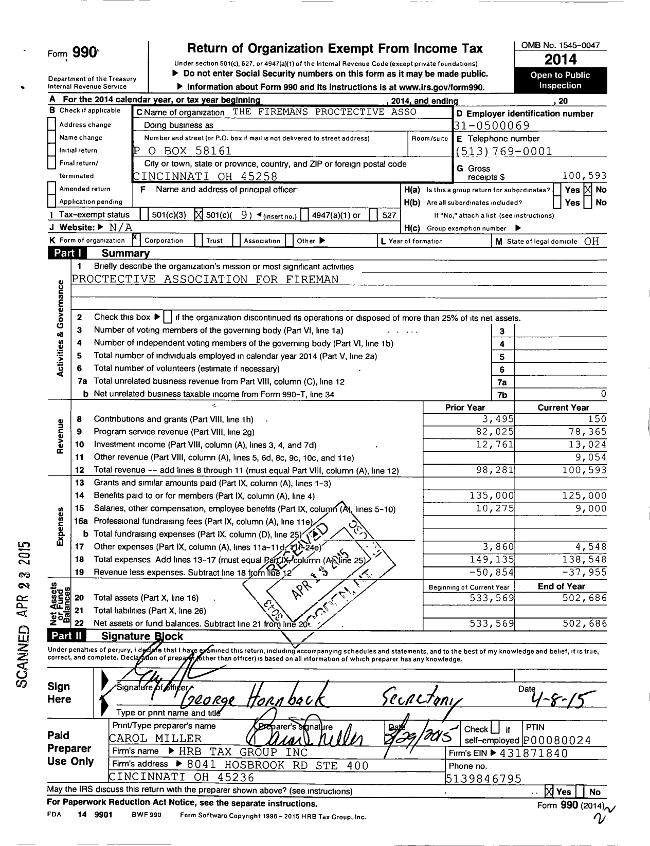 Image of first page of 2014 Form 990O for Firemans Proctective Asso