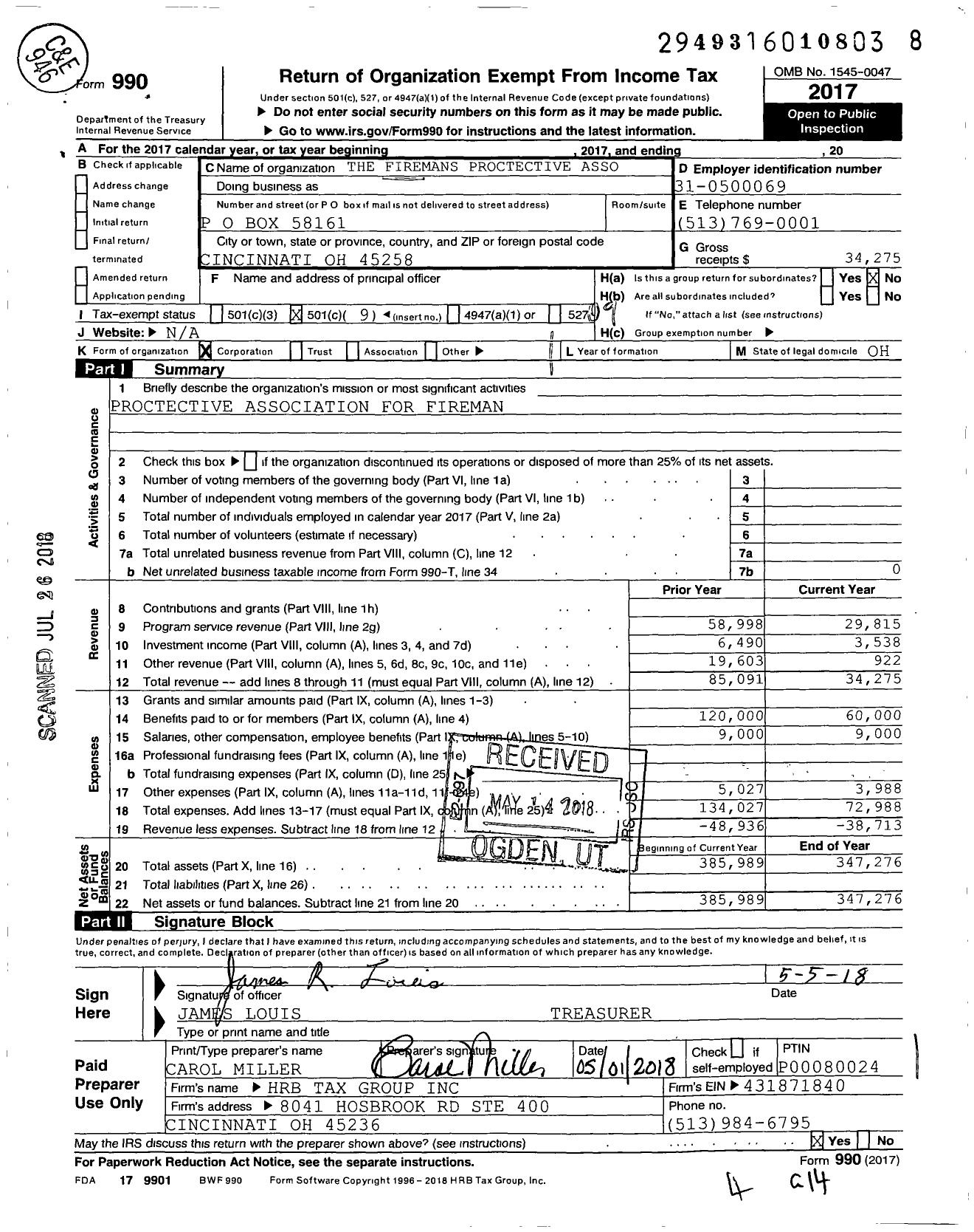 Image of first page of 2017 Form 990O for Firemans Proctective Asso