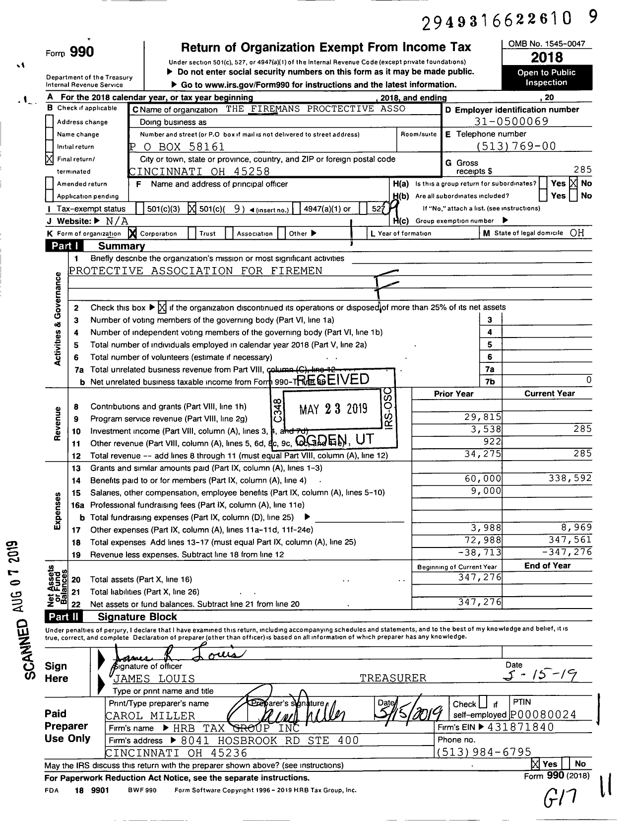 Image of first page of 2018 Form 990O for Firemans Proctective Asso