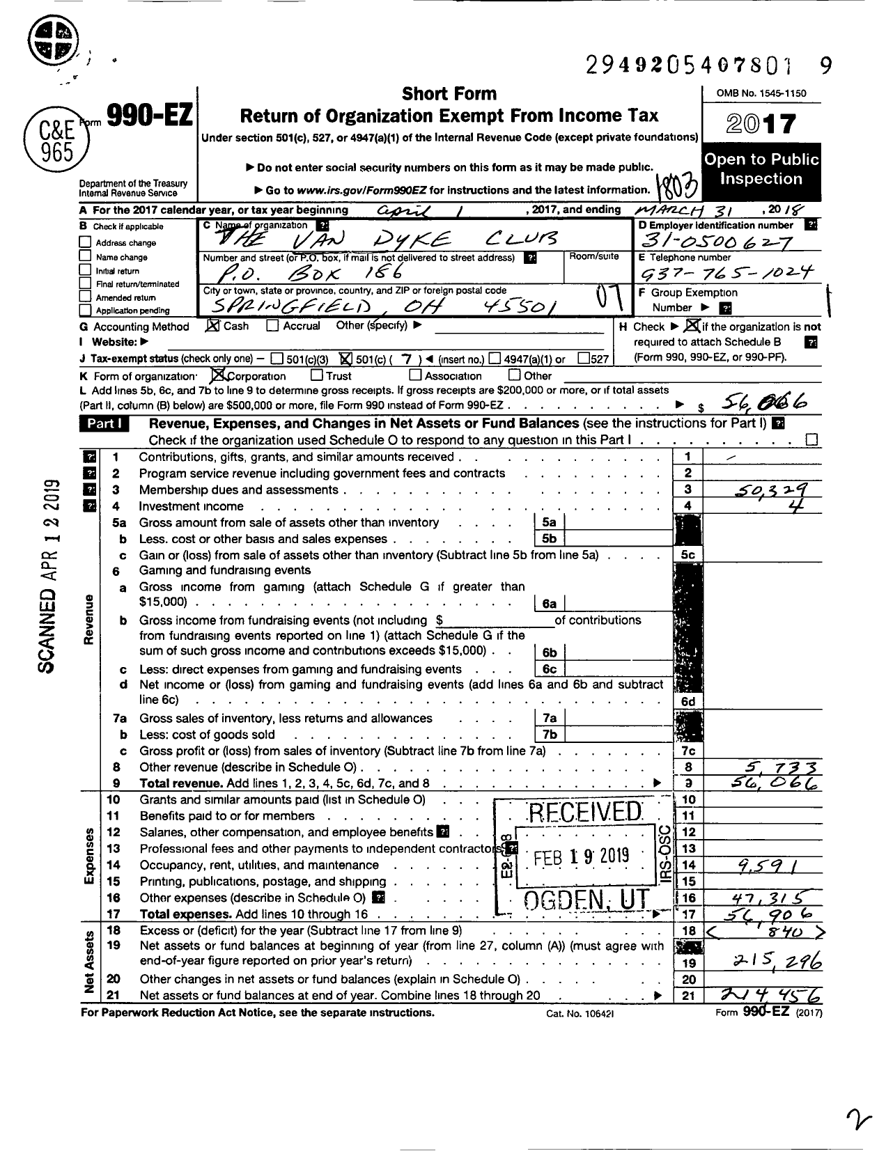 Image of first page of 2017 Form 990EO for Van Dyke Club
