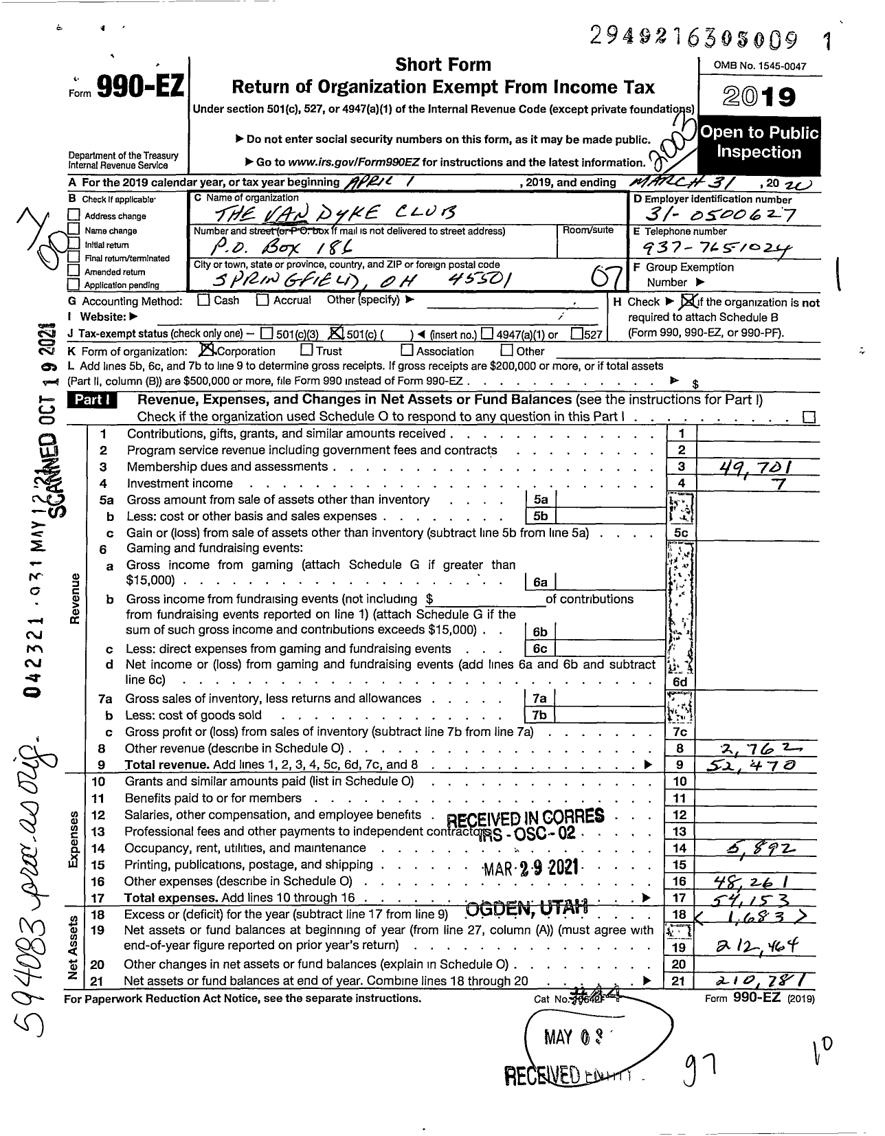 Image of first page of 2019 Form 990EO for Van Dyke Club