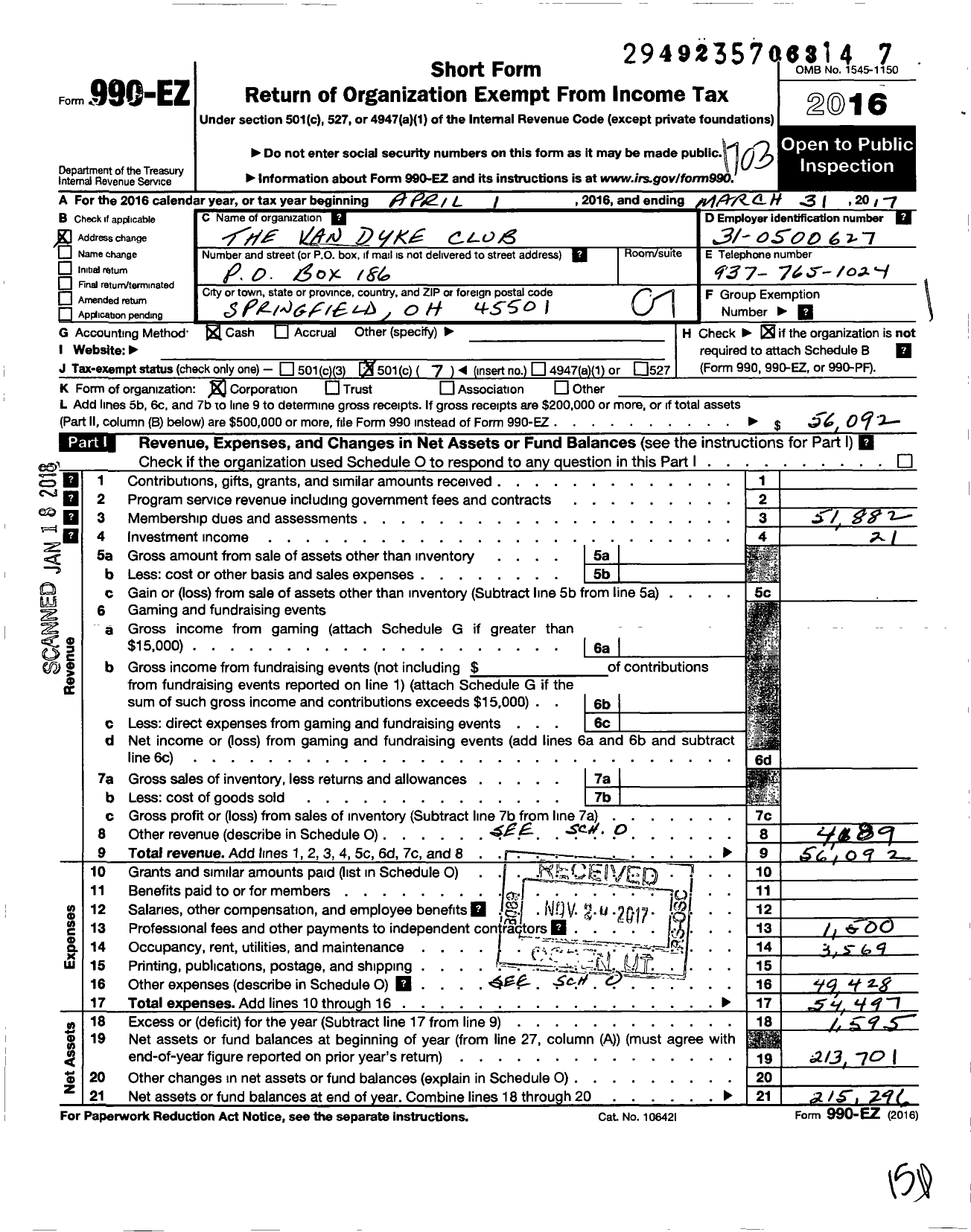 Image of first page of 2016 Form 990EO for Van Dyke Club