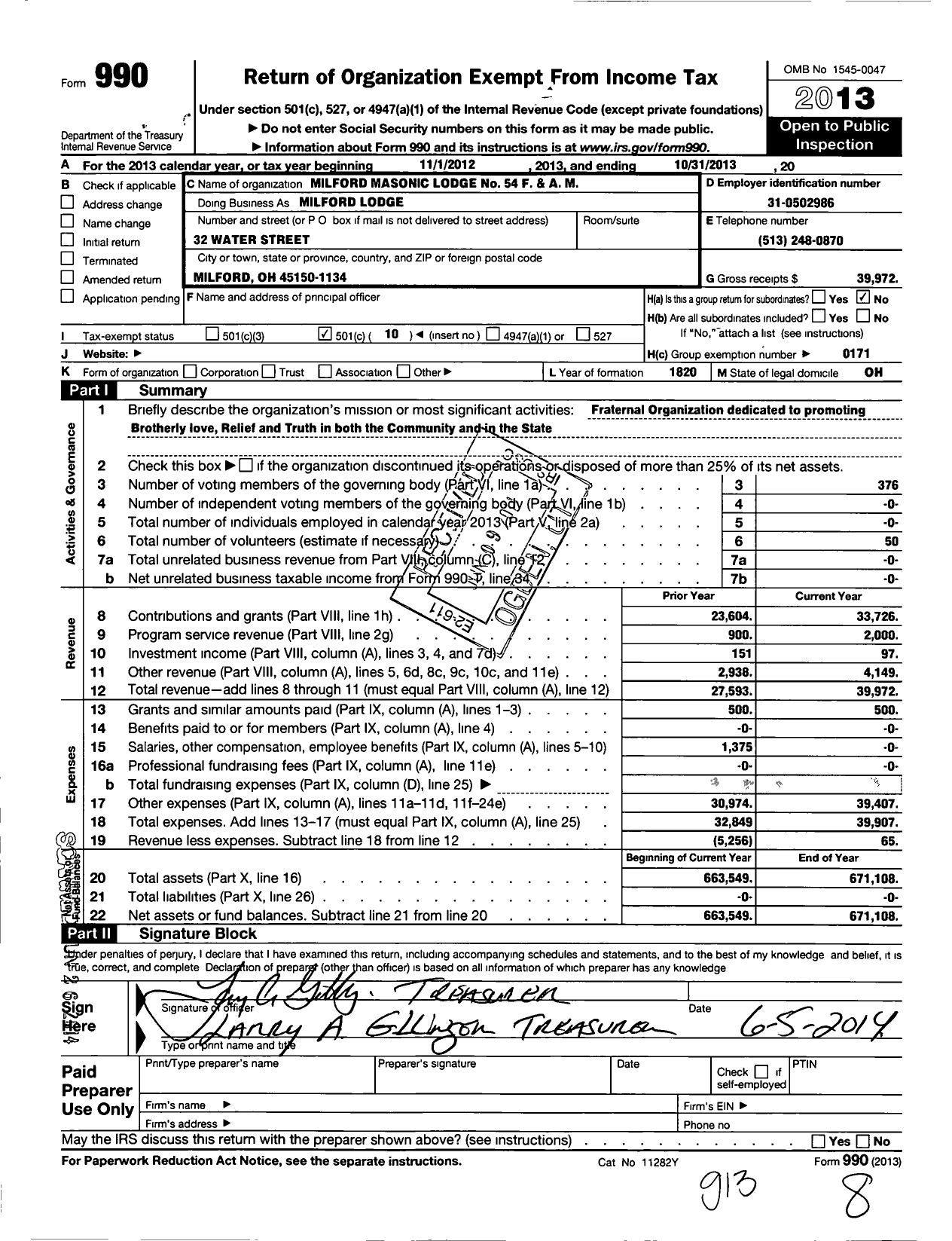 Image of first page of 2012 Form 990O for Free & Accepted Masons of Ohio - Milford Lodge 54