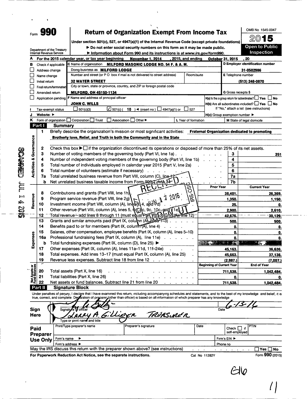 Image of first page of 2014 Form 990O for Free & Accepted Masons of Ohio - Milford Lodge 54