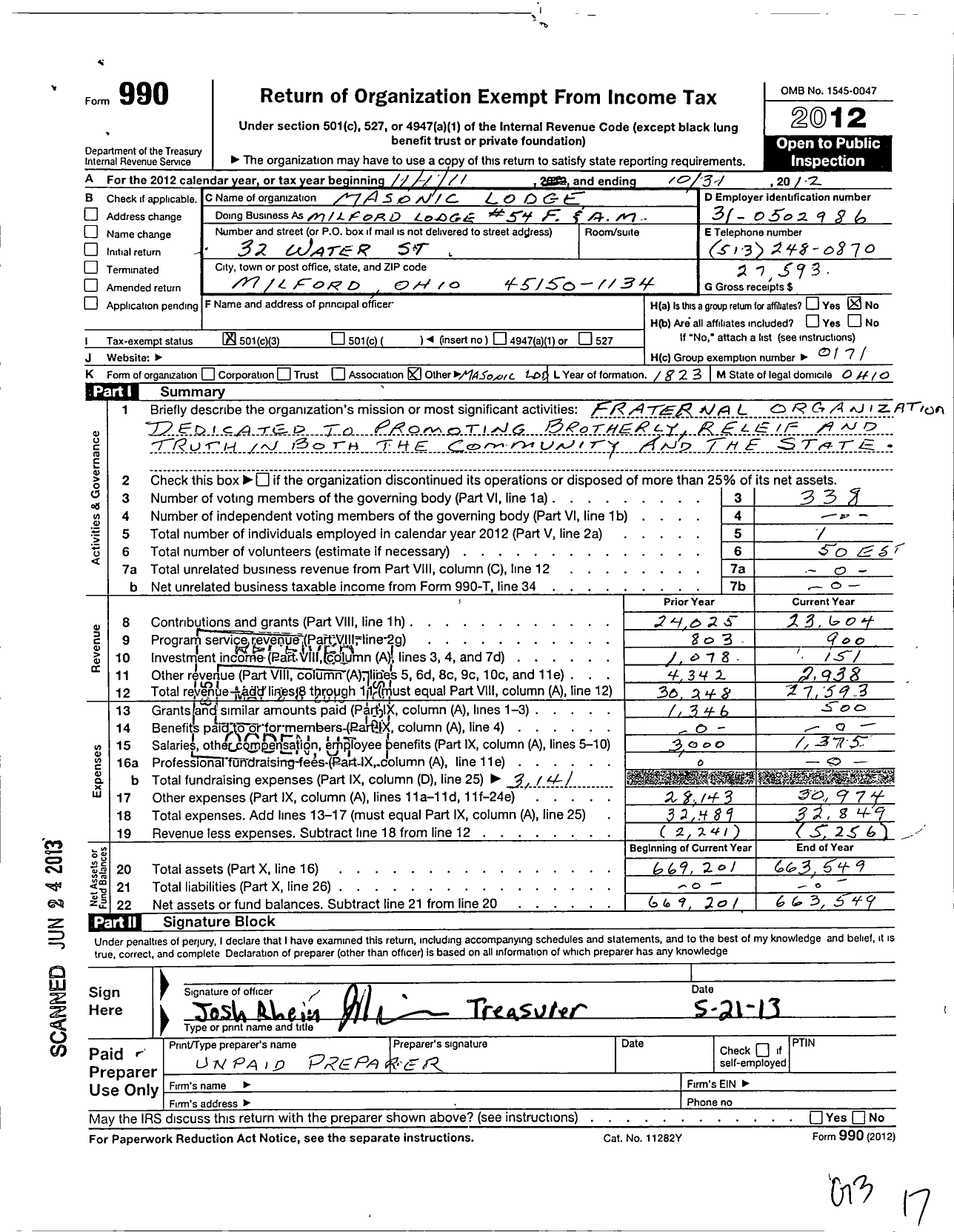 Image of first page of 2011 Form 990 for Free & Accepted Masons of Ohio - Milford Lodge 54