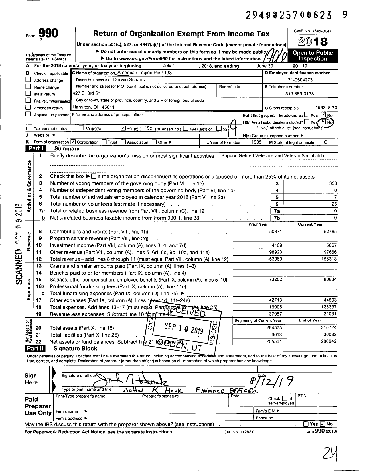 Image of first page of 2018 Form 990O for American Legion - Durwin Schantz