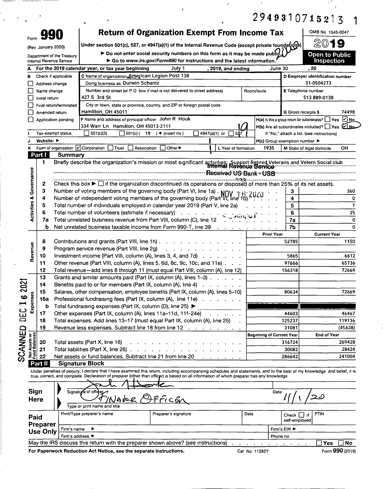 Image of first page of 2019 Form 990O for American Legion - Durwin Schantz