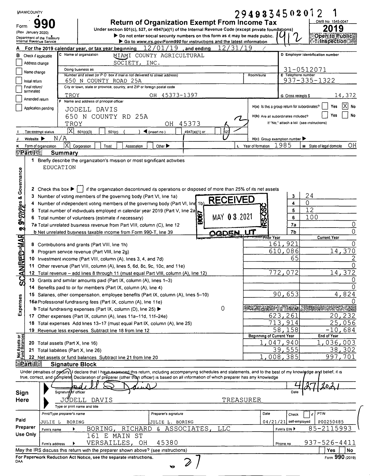 Image of first page of 2019 Form 990 for Miami County Agricultural Society