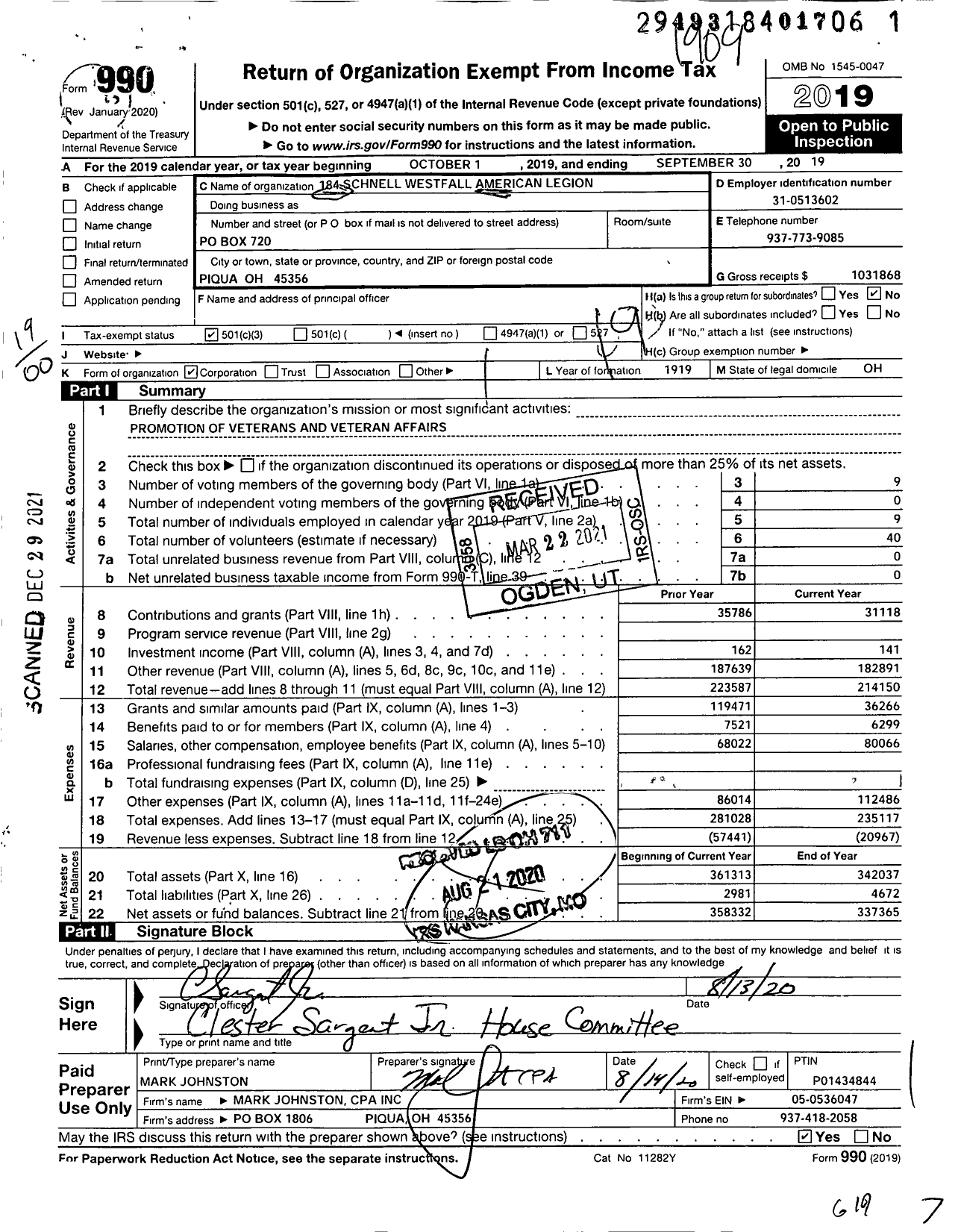 Image of first page of 2018 Form 990O for American Legion - 184 Schnell-Westfall