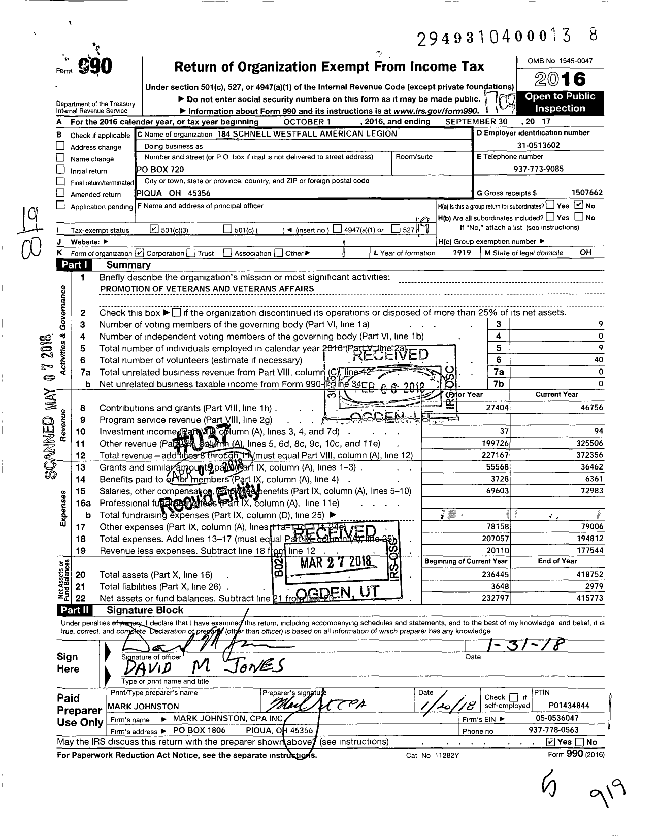 Image of first page of 2016 Form 990O for American Legion - 184 Schnell-Westfall