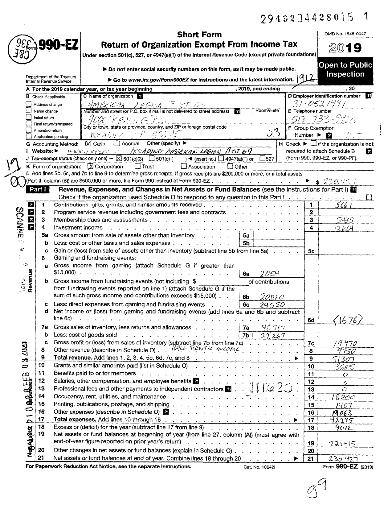 Image of first page of 2019 Form 990EO for American Legion - 69 Halker-Flege