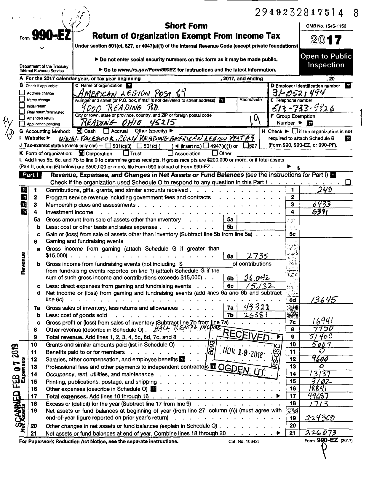 Image of first page of 2017 Form 990EO for American Legion - 69 Halker-Flege