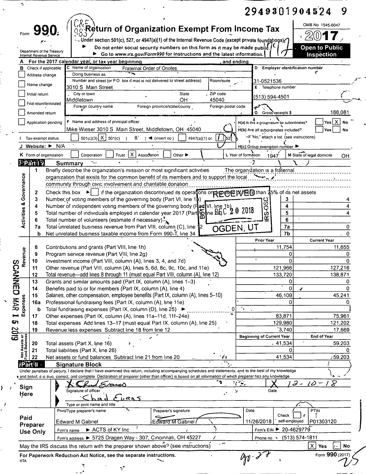 Image of first page of 2017 Form 990O for Fraternal Order of Orioles - 193 Middletown Nest